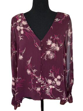 Joie | Plum Floral Sheer Silk Blouse | Large